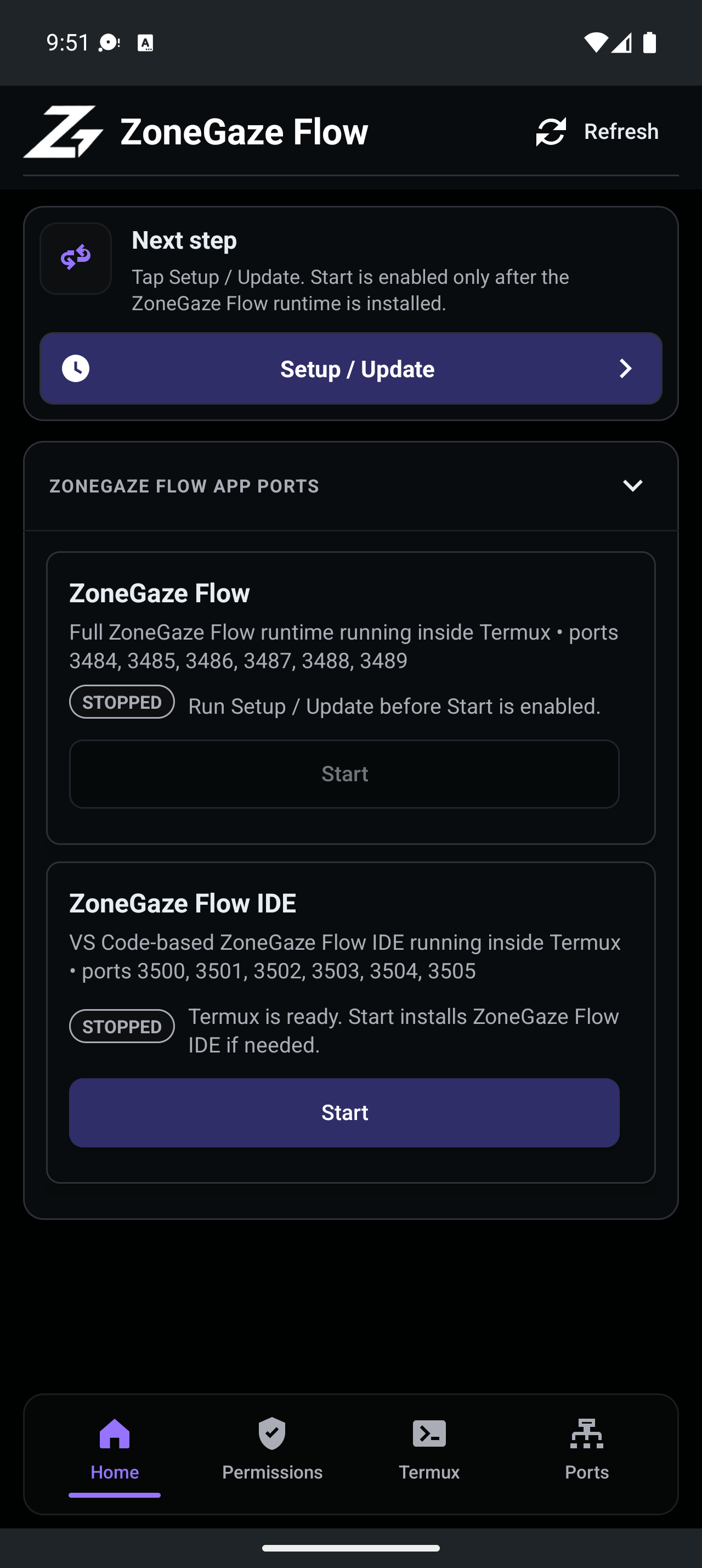 Android home dashboard showing the next setup action