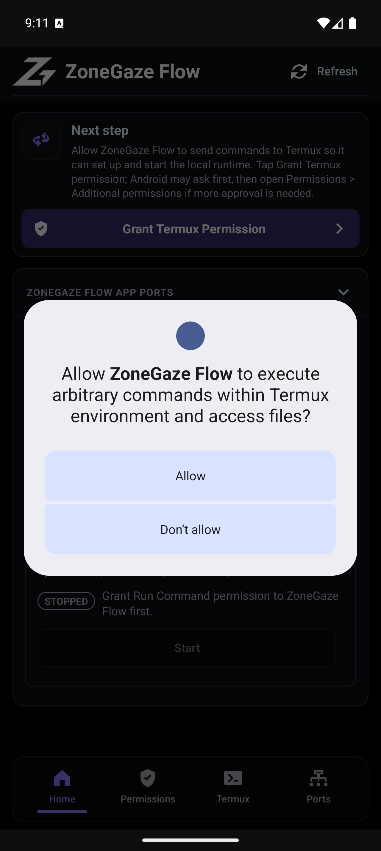 Android Run Command permission prompt