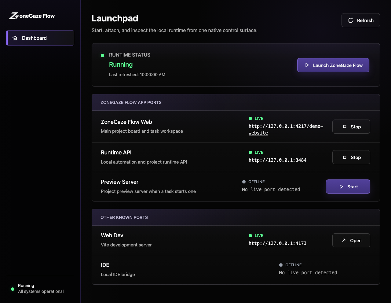 Mac launchpad showing runtime status