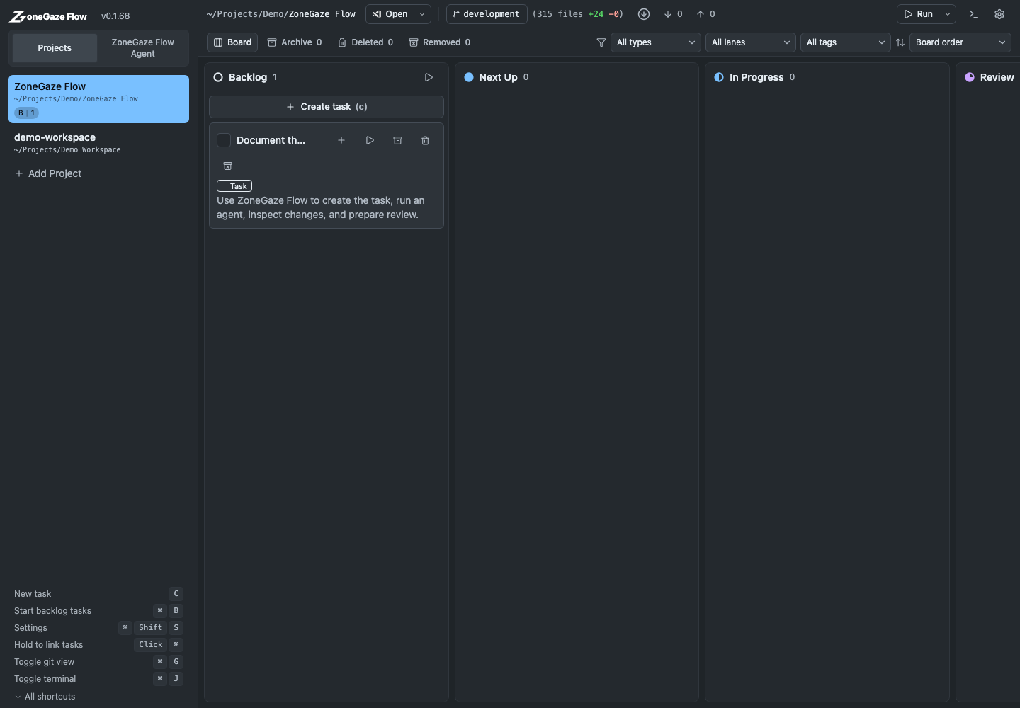 Project sidebar and board overview