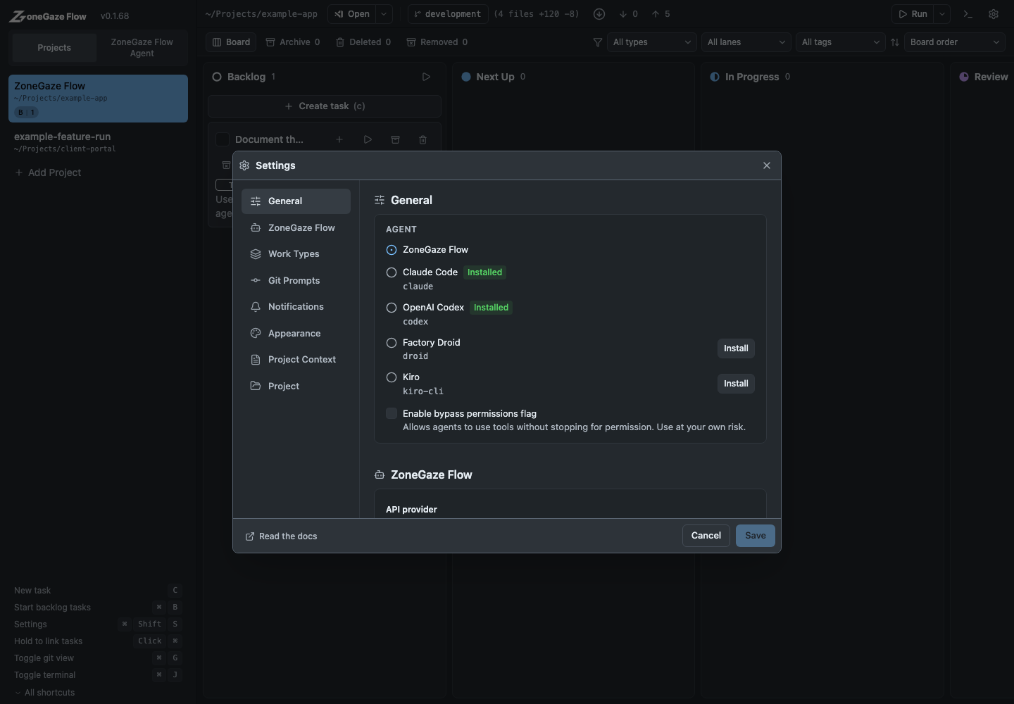 Agent settings in the settings dialog